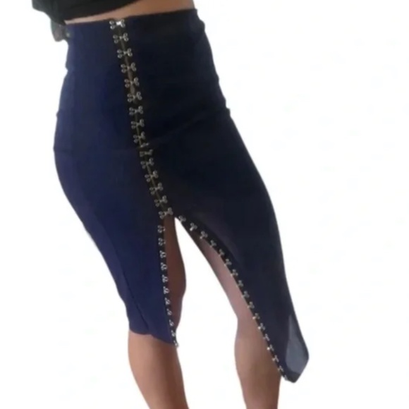 BEC + BRIDGE Navy Mesh Pencil Skirt With Slit | 2 - Picture 2 of 11